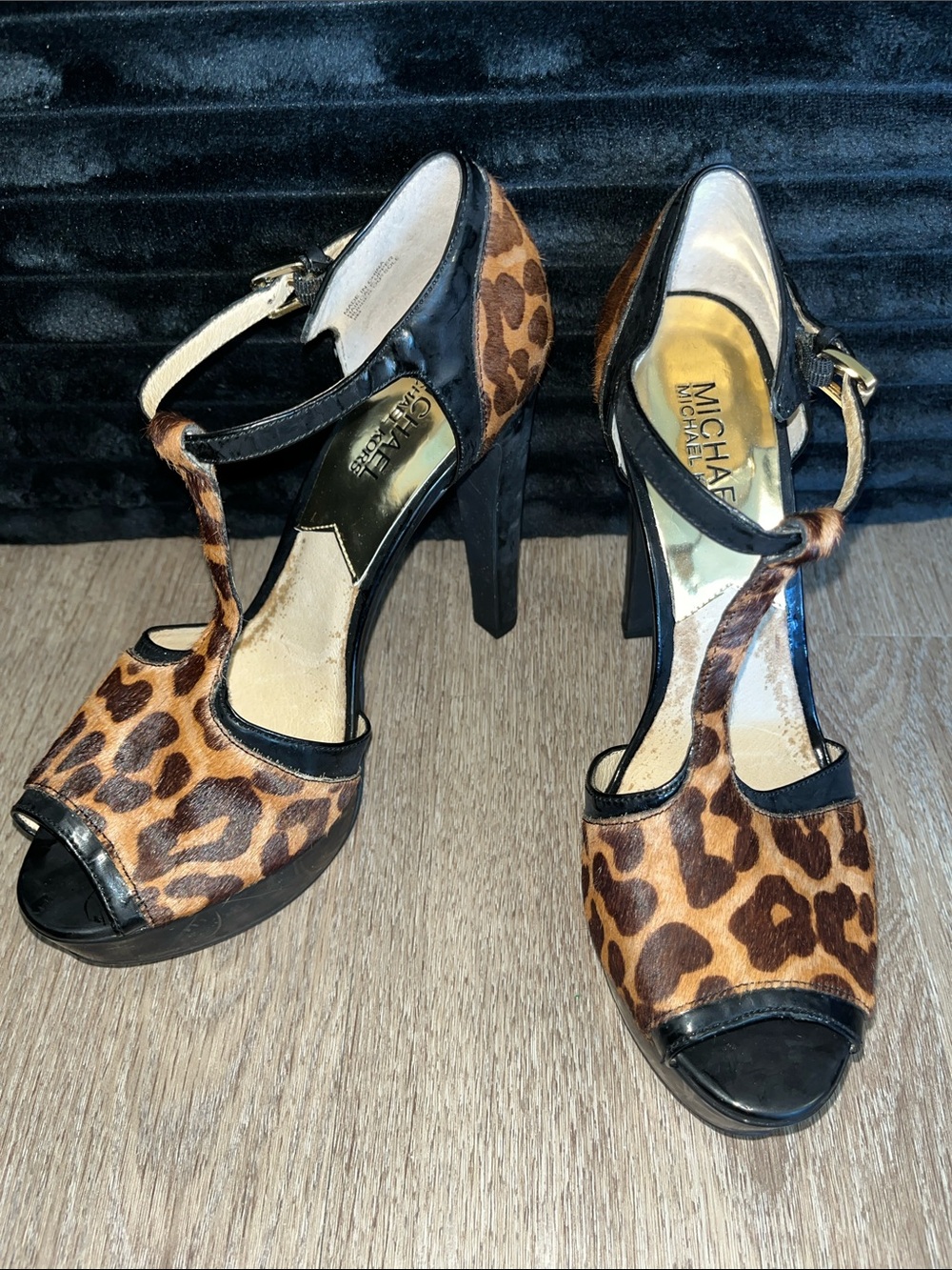 MICHAEL Michael Kors Brown Leopard Print T-Strap Heels